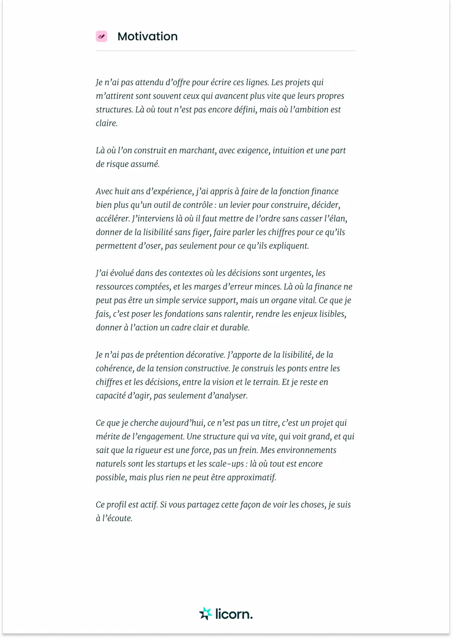 Exemple de texte de motivation sur un profil Licorn