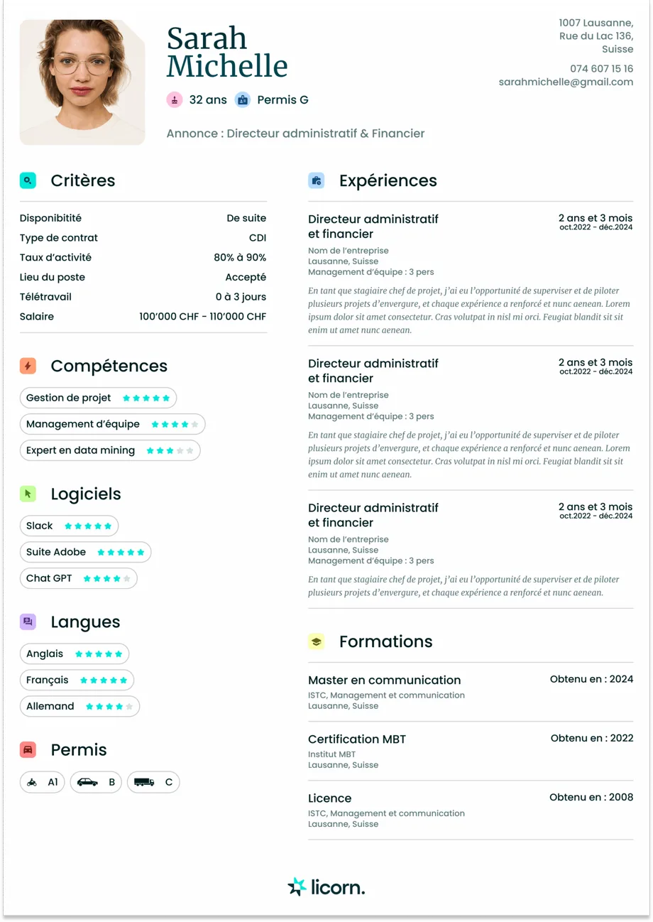 Example of a Swiss CV generated automatically by Licorn